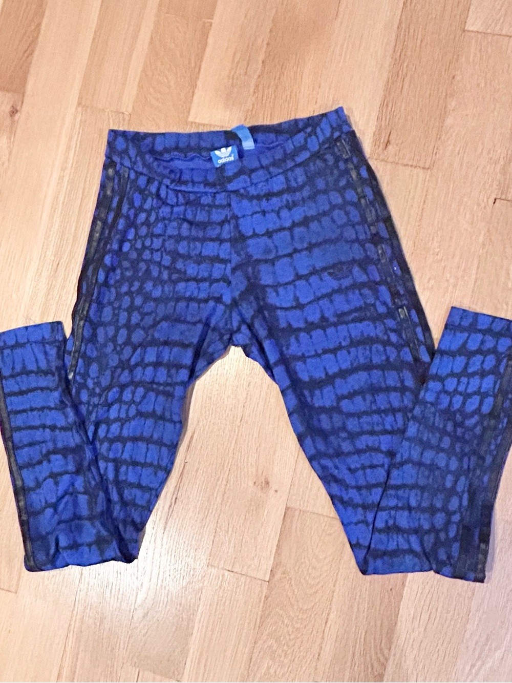 RARE adidas Blue Black Print Faux Leather Stripes Size Small